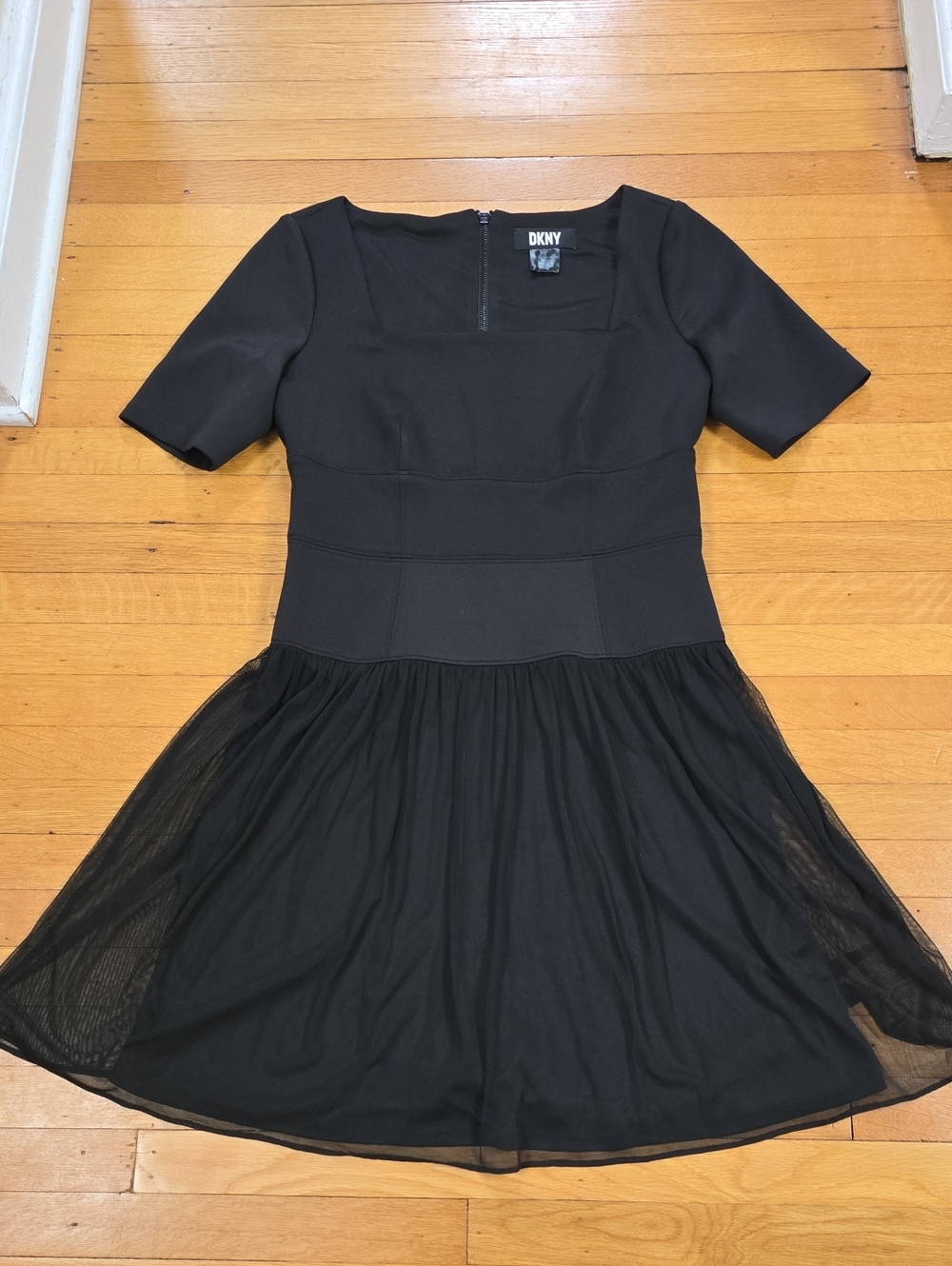 DKNY, Square Neck Tulle Mesh Skater Mini Dress, Black, EUC, Women's 10